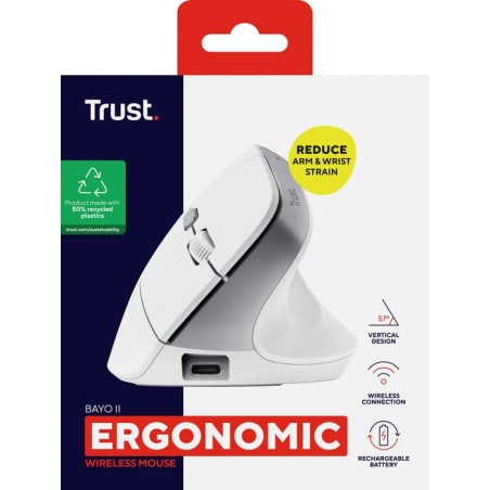 Ratón ergonómico inalámbrico trust bayo ii batería recargable hasta 2400 dpi blanco