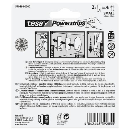Gancho powerstrips pequeño metal, rectangular tesa 1 kg