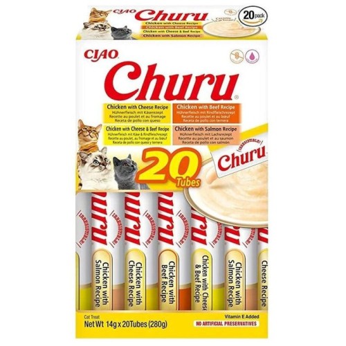 Goma para gatos  inaba churu variety box chicken and beef  20 x 14g