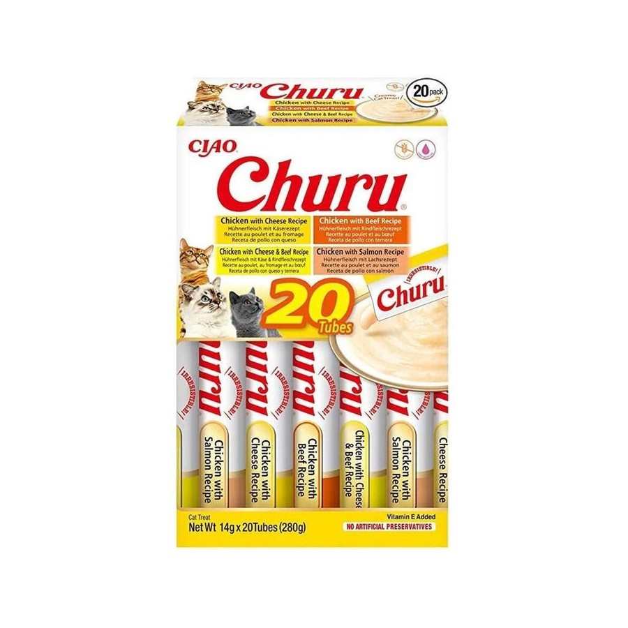 Goma para gatos  inaba churu variety box chicken and beef  20 x 14g