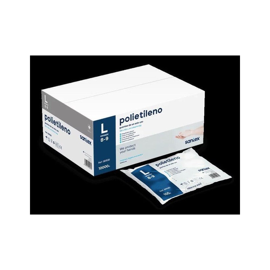 Santex polietileno pack de 100 guantes de polietileno talla l - sin polvo - libre de latex - no esteriles -