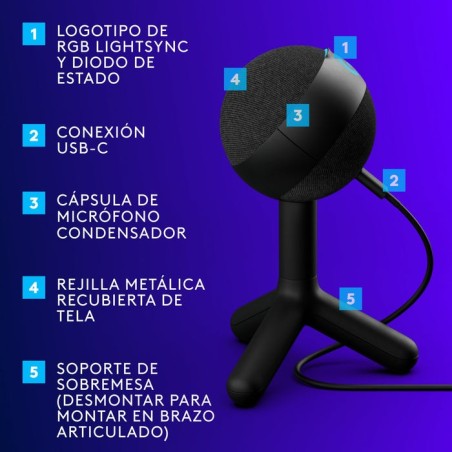 Micrófono logitech g yeti orb negro  de superficie para mesa