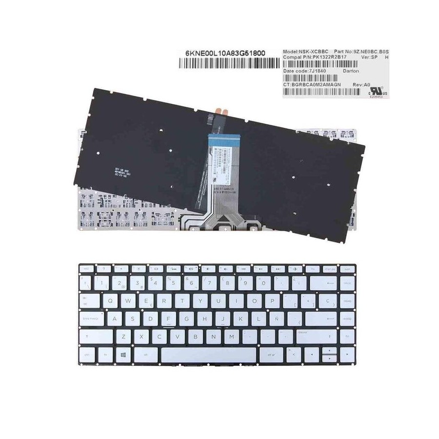 Teclado retroiluminado para portátil hp pavilion 14 bs 14 bs000 14 bs100 14 bs500 plata sin marco intro pequeño