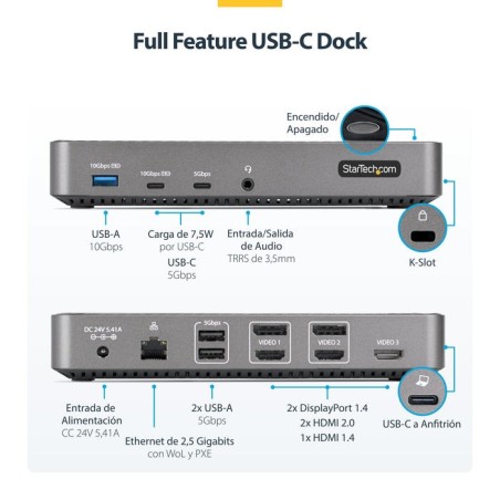 Startech.com usb-c triple monitor docking station - hdmi/dp triple 4k usb-c dock - 5x usb hub - gbe - 100w pd - universa