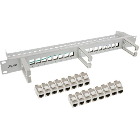 Inline® patch panel cat.6a 16-way, with 3 brackets, 16 keystones, 19", 1u, gris