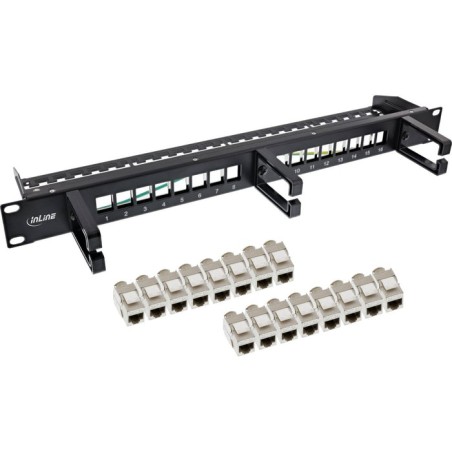 Inline® patch panel cat.6a 16-way, with 3 brackets, 16 keystones, 19", 1u, nero