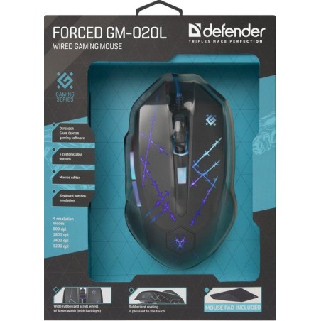 Ratón defender forced gm-020l  juego ambidextro usb tipo a óptico 3200 dpi