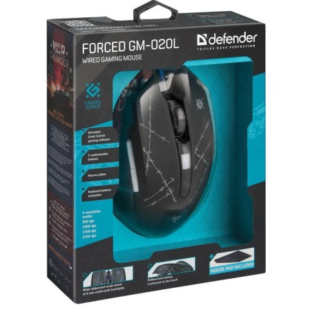 Ratón defender forced gm-020l  juego ambidextro usb tipo a óptico 3200 dpi