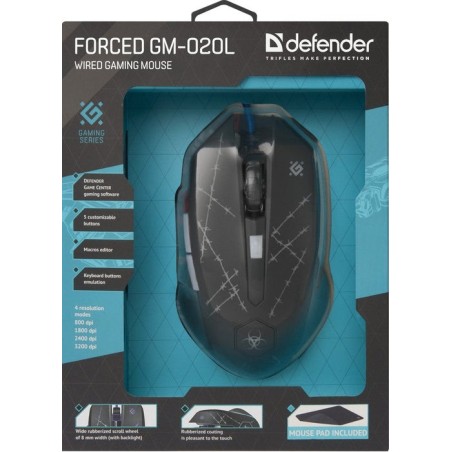Ratón defender forced gm-020l  juego ambidextro usb tipo a óptico 3200 dpi