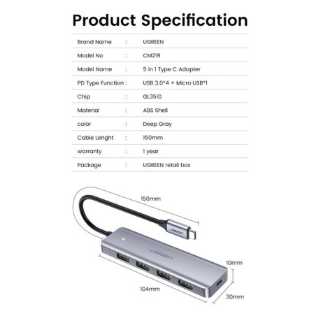 Hub  ugreen 50985 de interfaz usb 3.2 gen 1 (3.1 gen 1) type-a 5000 mbit/s plata