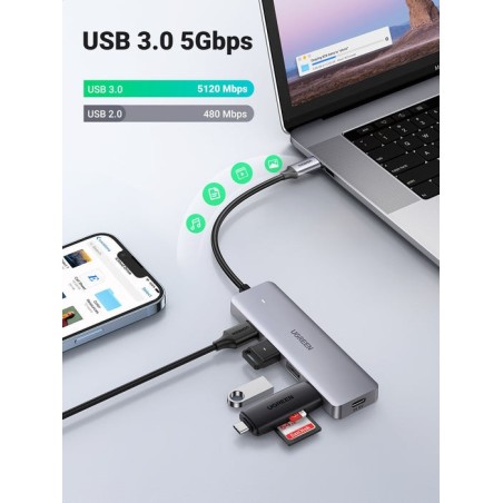 Hub  ugreen 50985 de interfaz usb 3.2 gen 1 (3.1 gen 1) type-a 5000 mbit/s plata