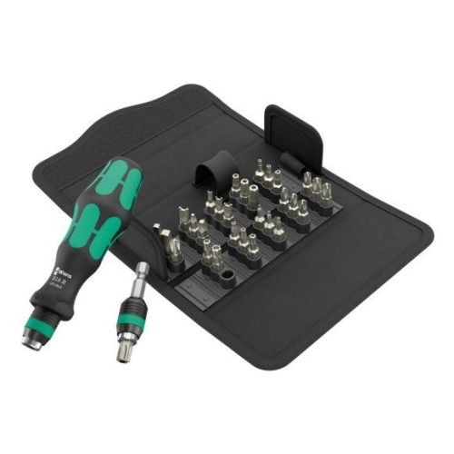 Llave de tubo wera kraftform kompakt 71 security, 32 piezas  negro/verde, 1/4", incluye mango enchufable 5057114001