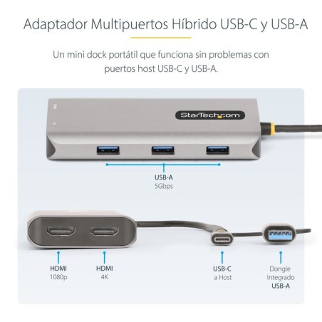 Adaptador startech.com usb-c multiport w/attached usb-c to usb-a dongle, dual hdmi (4k30hz/1080p60hz), 3x usb-a, mini lapt