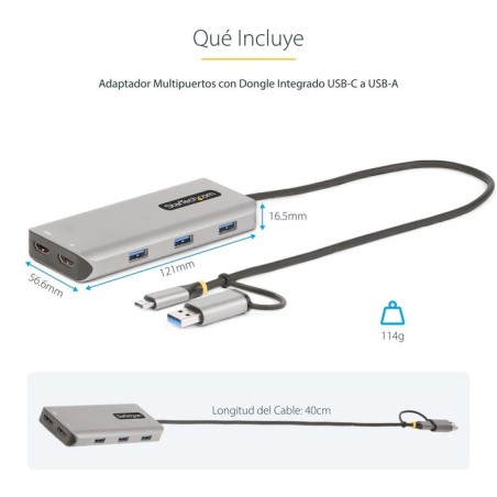 Adaptador startech.com usb-c multiport w/attached usb-c to usb-a dongle, dual hdmi (4k30hz/1080p60hz), 3x usb-a, mini lapt