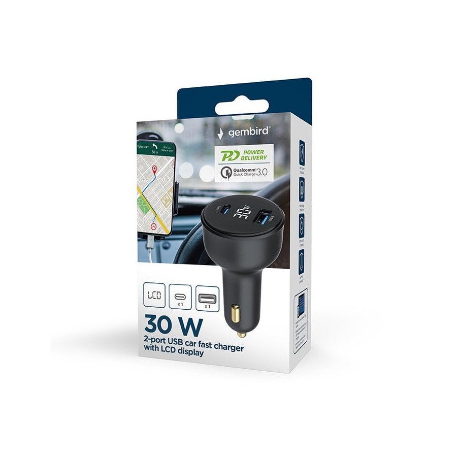 Cargador rápido para coche gembird con 2 puertos usb, tipo c, pd, lcd, 30 w, color negro