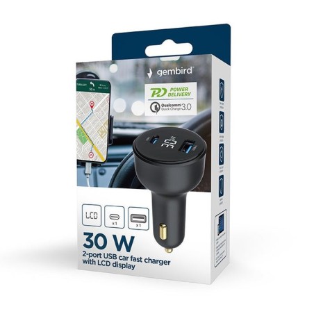 Cargador rápido para coche gembird con 2 puertos usb, tipo c, pd, lcd, 30 w, color negro