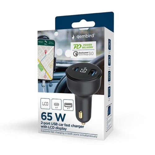 Gembird ta-uc-ac2pd65lcd-car-01 cargador de dispositivo móvil universal negro encendedor de cigarrillos carga rápida auto