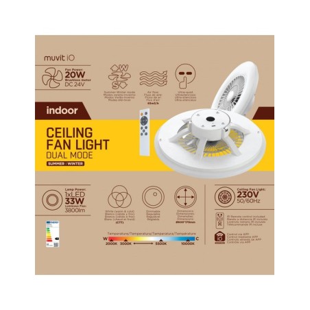 Lampara techo muvit io wifi 40w blanco + ventilador 20w
