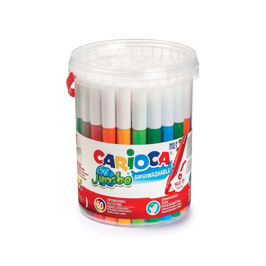 Carioca jumbo pack de 50 rotuladores - cuerpo octogonal maxi - tinta superlavable - punta maxi 6mm bloqueada - tapa