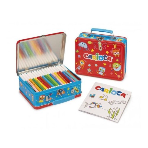 Carioca pack de 100 rotuladores punta fina y tinta superlavable - caja de metal - 1 album para colorear - dedicado a