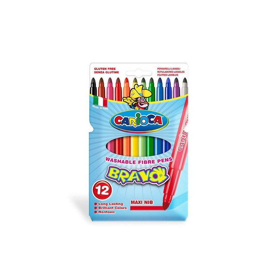 Carioca bravo pack de 12 rotuladores cuerpo octogonal maxi - tinta superlavable - punta maxi 6mm bloqueada - tapa