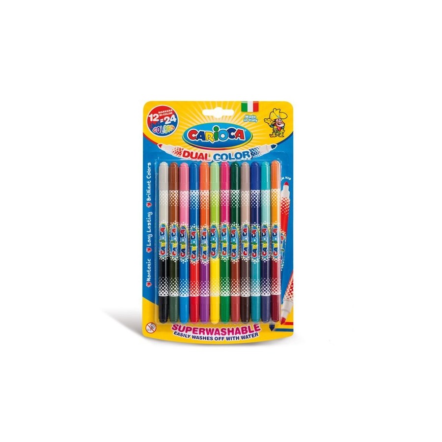 Carioca bicolor pack de 12 rotuladores - dos colores por rotulador - tinta superlavable - punta conica para doble trato