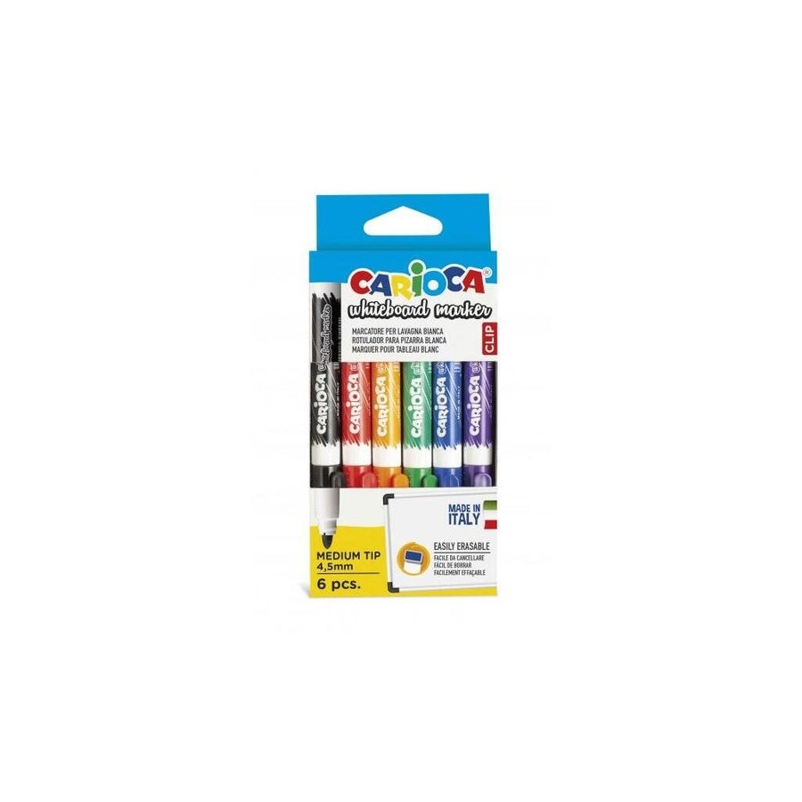 Carioca pack de 6 rotuladores para pizarra blanca clip - tapa con clip - se borra facilmente y se seca rapidamente -