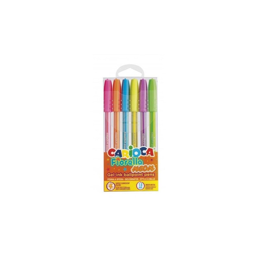 Carioca fiorella pack de 6 boligrafos de colores neon - boligrafo con punta de esfera y cuerpo transparente fluo -