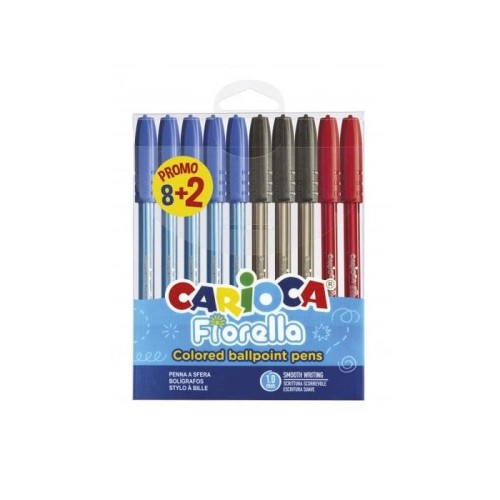 Carioca fiorella pack de 10 boligrafos de colores - punta de esfera - cuerpo transparente fluo - escritura brillante y