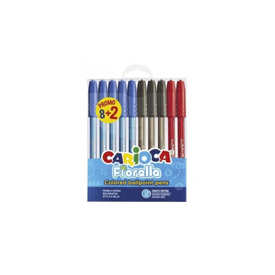 Carioca fiorella pack de 10 boligrafos de colores - punta de esfera - cuerpo transparente fluo - escritura brillante y