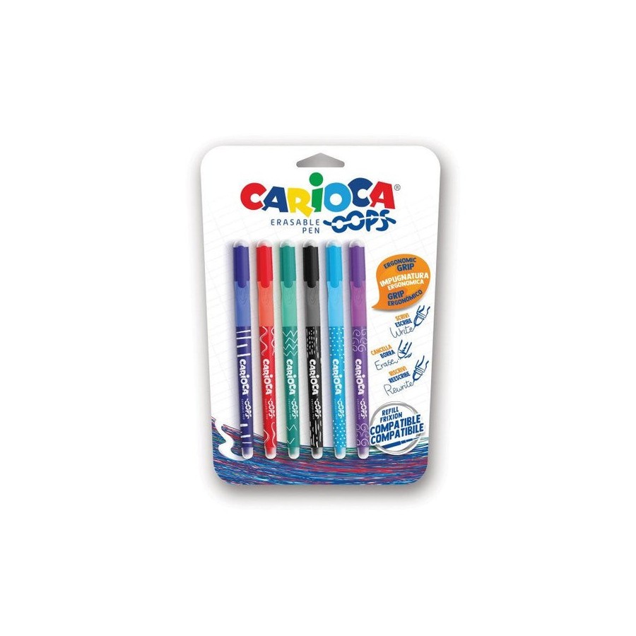 Carioca oops pack de 6 boligrafos borrables - tinta termo sensible - empuñadura ergonomica triangular - punta de 0.7mm