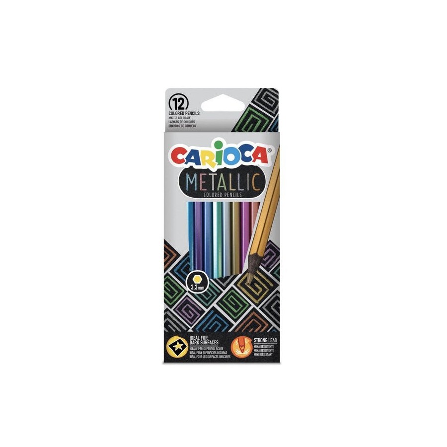 Carioca metallic pack de 12 lapices hexagonales metalicos - colores cubrientes - ideales para superficies oscuras -