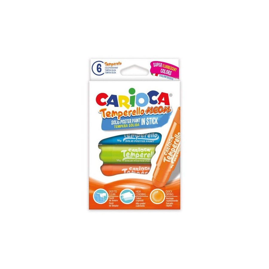 Carioca temperello neon pack de 6 temperas solidas - colores brillantes y lavables - gran cobertura - faciles de