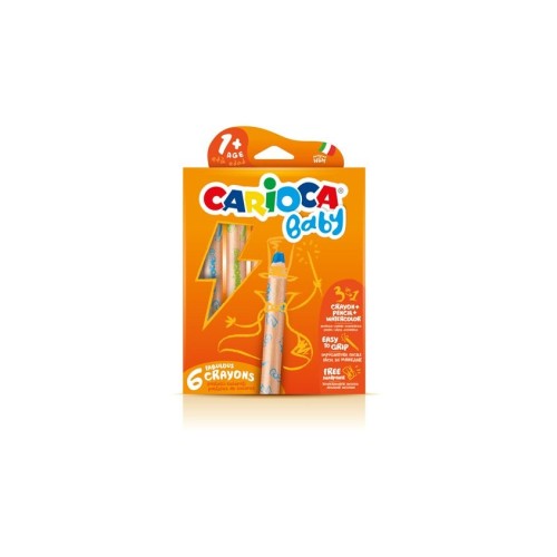 Carioca baby 1+ 3in1 pack de 6 lapices - lapiz cera y acuarela en uno - cuerpo extragrande - acuarelables - sacapuntas