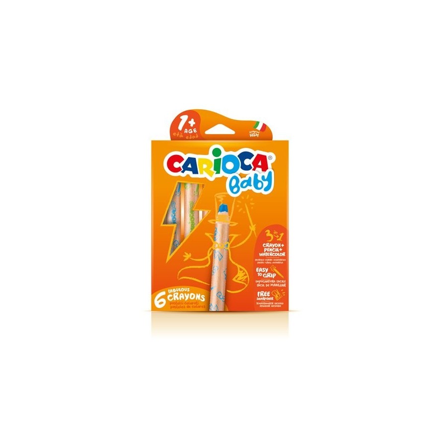 Carioca baby 1+ 3in1 pack de 6 lapices - lapiz cera y acuarela en uno - cuerpo extragrande - acuarelables - sacapuntas