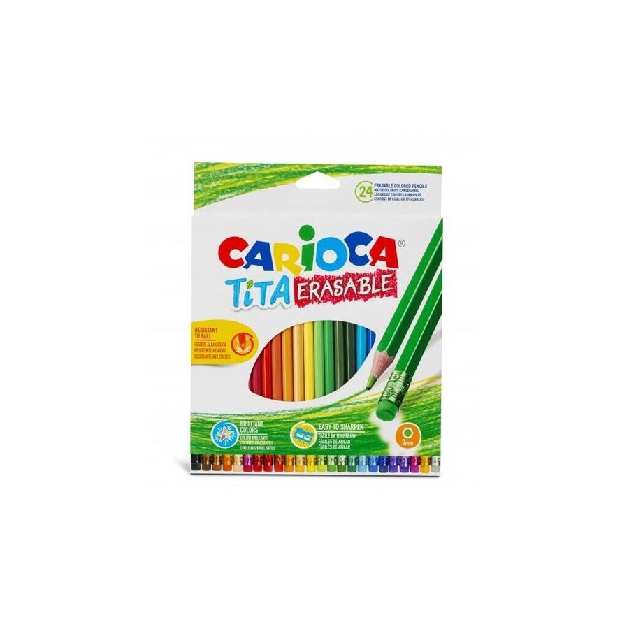 Carioca tita pack de 24 lapices borrables de resina - cuerpo hexagonal - colores brillantes y lavables - escritura