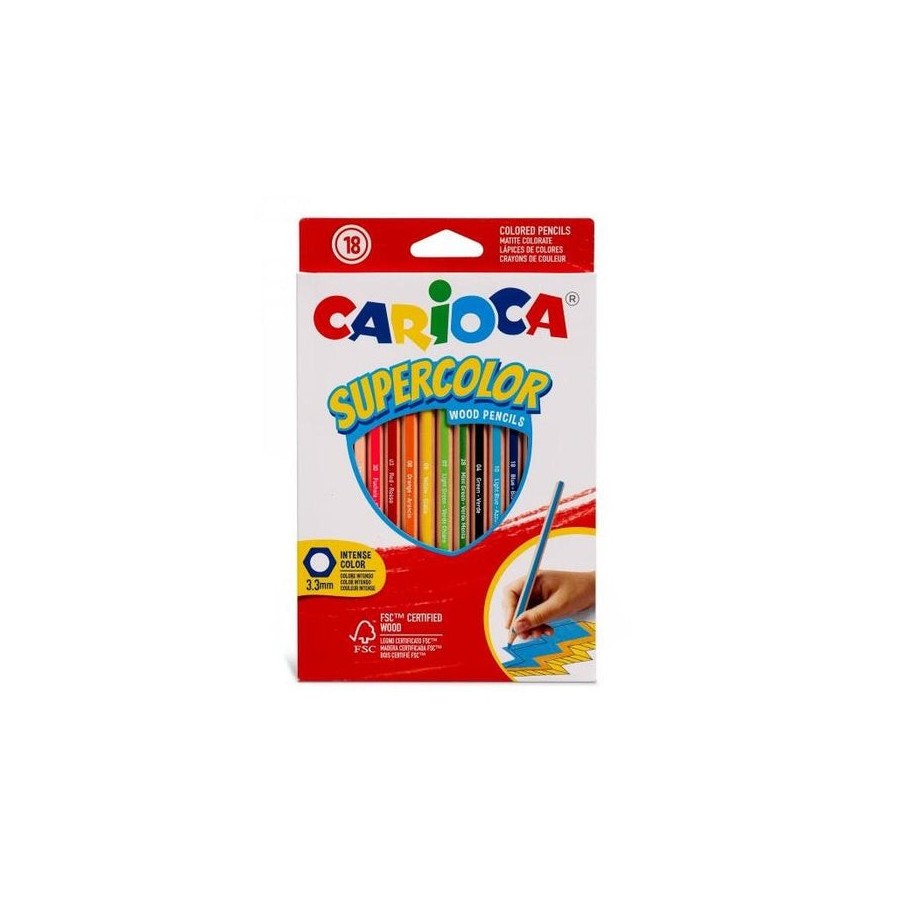 Carioca supercolor pack de 18 lapices de madera - cuerpo hexagonal - colores intensos y gran opacidad - 3.3mm de grosor