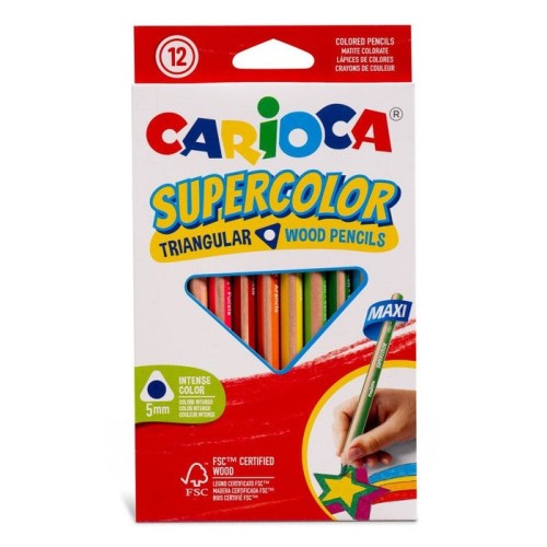 Carioca supercolor pack de 12 lapices de madera - cuerpo triangular maxi - colores intensos y gran opacidad -
