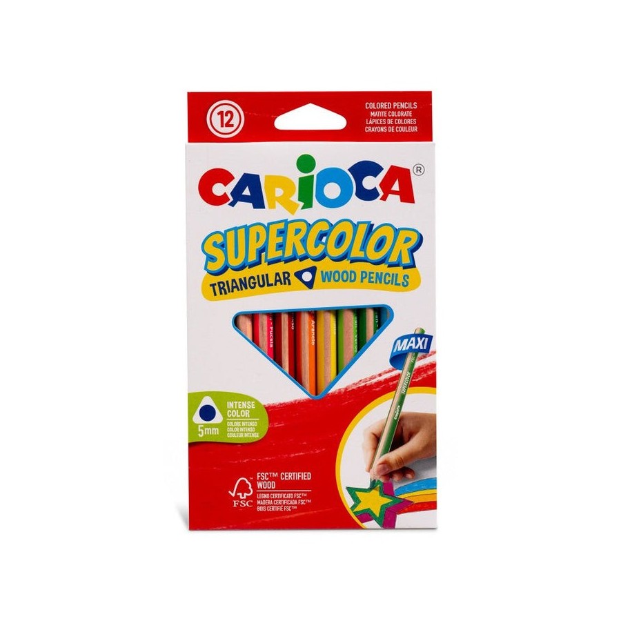 Carioca supercolor pack de 12 lapices de madera - cuerpo triangular maxi - colores intensos y gran opacidad -