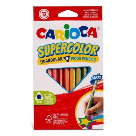 Carioca supercolor pack de 12 lapices de madera - cuerpo triangular maxi - colores intensos y gran opacidad -