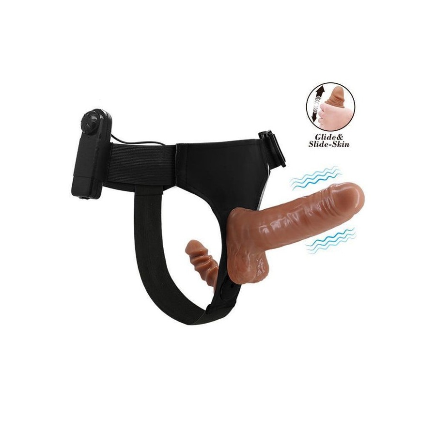 Arnés con dildo doble retractil con vibración