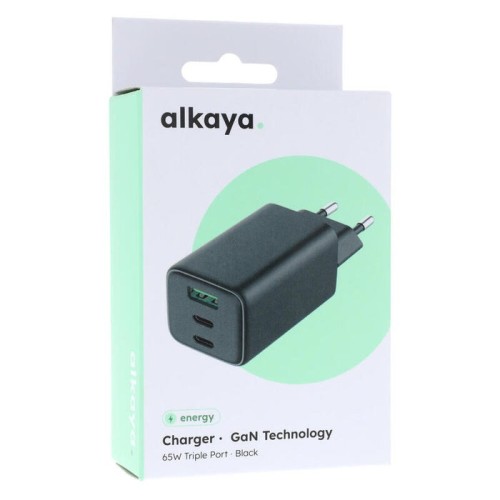 Cargador de pared alkaya 65w triple puerto (tipo a + tipo c) - negro