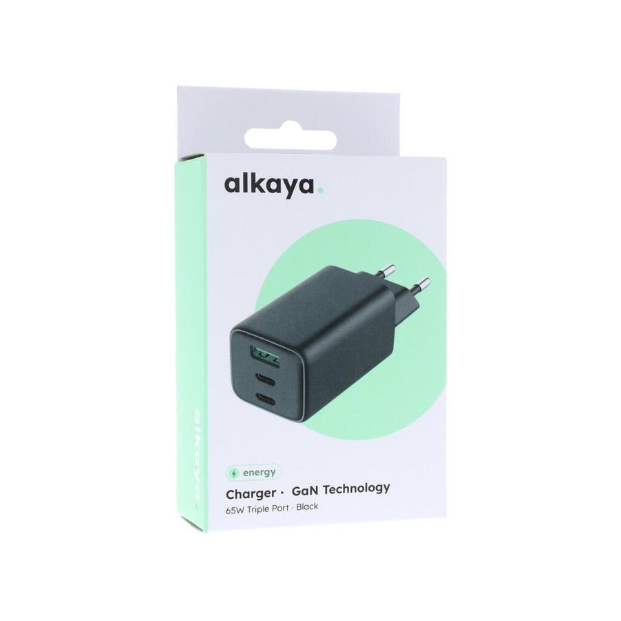 Cargador de pared alkaya 65w triple puerto (tipo a + tipo c) - negro