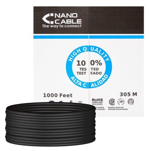 Nanocable bobina de cable de red rigido impermeable para exterior rj45 cat.5e utp awg24 305m - negro