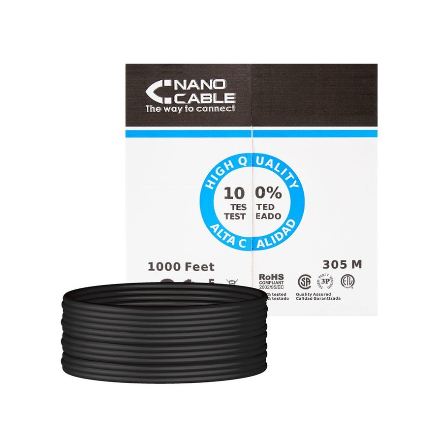 Nanocable bobina de cable de red rigido impermeable para exterior rj45 cat.5e utp awg24 305m - negro