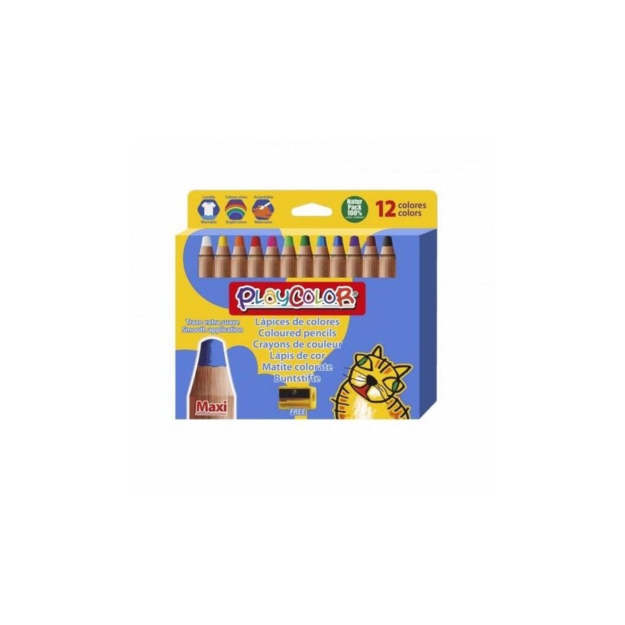 Playcolor pack de 12 lapices de colores de punta gruesa + sacapuntas - trazo extrasuave - apto para papel, carton,