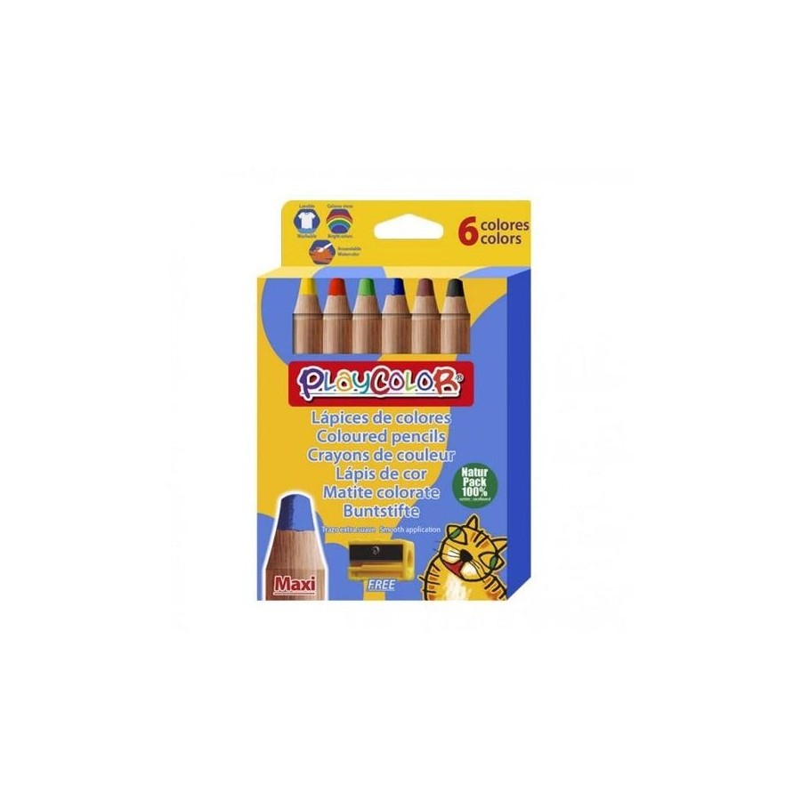 Playcolor maxi pack de 6 lapices de colores de punta gruesa + sacapuntas - trazo extrasuave - apto para papel, carton,