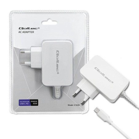 Cargador qoltec 51039 65w 5 20.3v 2 3.25a usb tipo c pd white