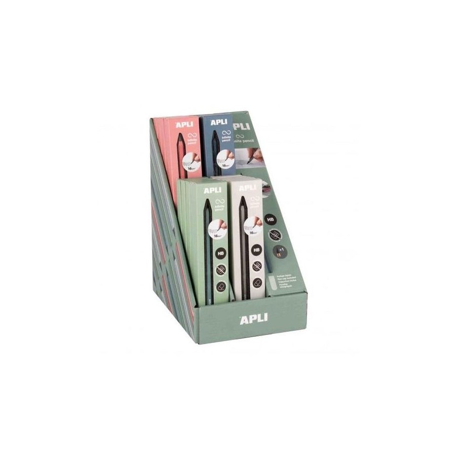 Apli infinite pencil expositor con 20 packs de lapiz infinito hb + mina de recambio + tapon protector - para escribir