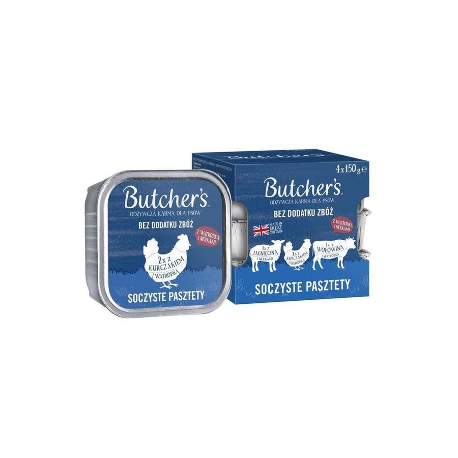 Mezcla original de sabores butcher's pate jugoso con hígado o riñón alimento para perros 4 x 150g
